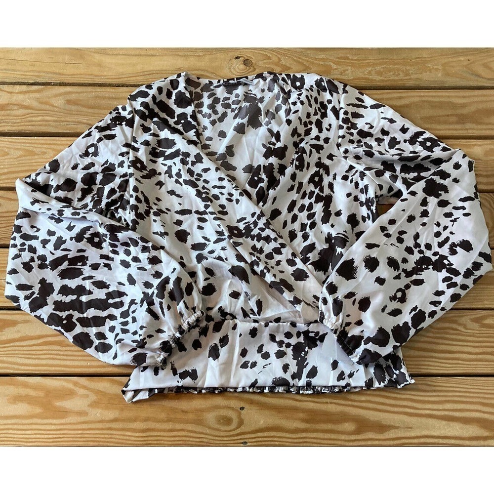 NWT Andrea Collection Cross Front Blouse Large Women’s Black Dalmatian Patterned